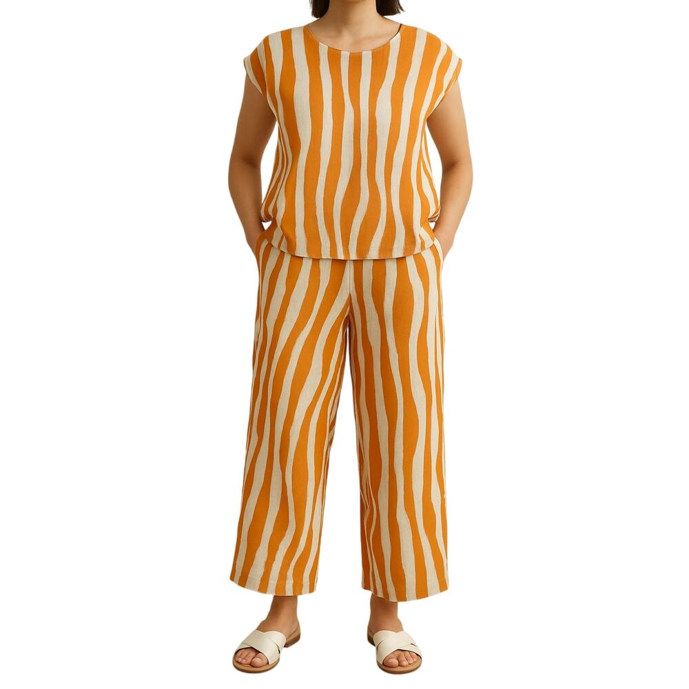 Rachel Zoe Women Linen Zebra Stripe Pant Set L Top S Pants Resort